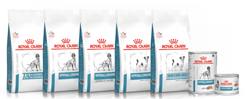linhaa de alimentos Skin Care, Allergenic e Hypoallergenic para o tratamento da otite externa em c&atilde;es