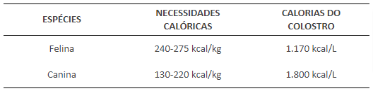 Necessidades calóricas fornecidas pelo colostro