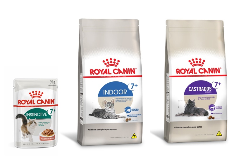 Embalagens de alimentos indicados para gatos maduros saudáveis