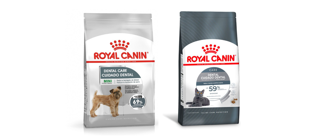 Alimentos da linha Cuidado Dental para c&atilde;es e gatos