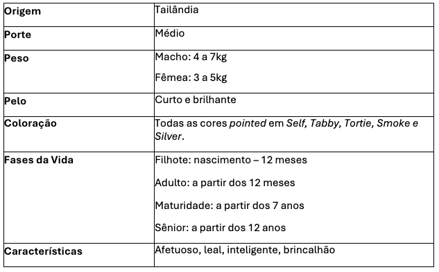 Tabela mostra as principais caracter&iacute;sticas do gato Siam&ecirc;s