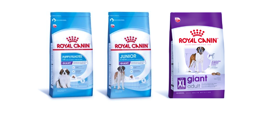 Embalagem dos alimentos Giant Puppy, Giant Junior e Giant Adult. Esses alimentos podem ser indicados ao Cane Corso
