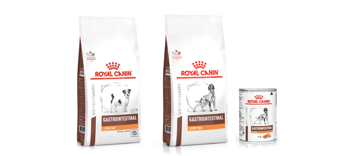 Alimentos Royal Canin com baixo teor de gordura que podem ser indicados em casos de enteropatia cr&ocirc;nica com perda de prote&iacute;na