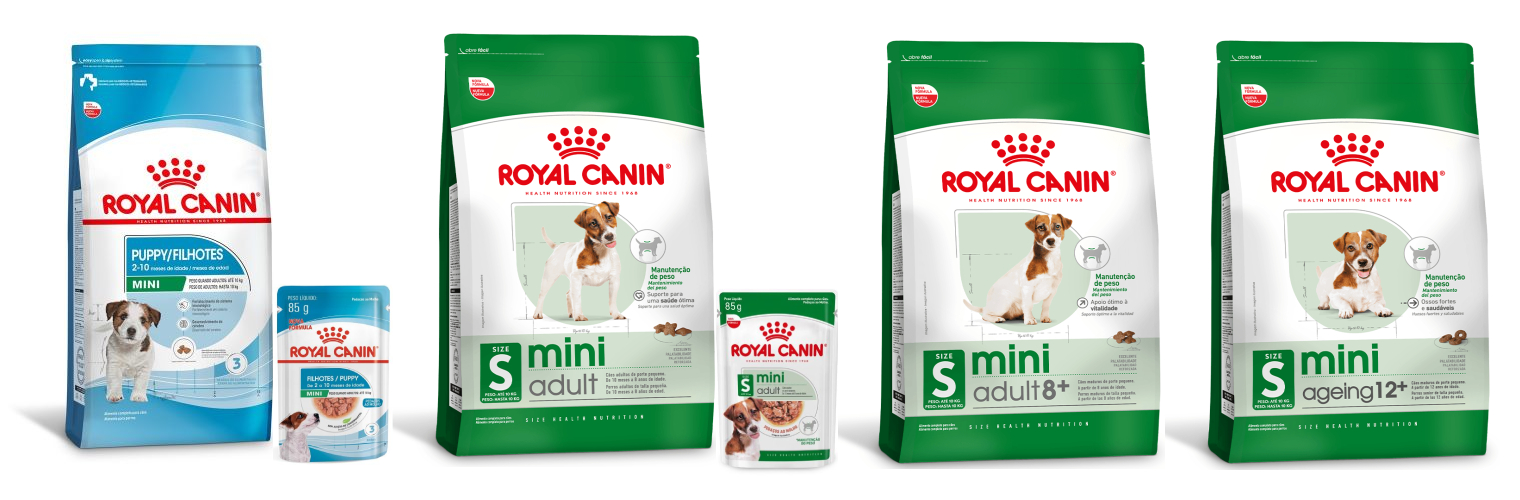 Linha completa de alimentos Mini da Royal Canin, indicada para c&atilde;es at&eacute; 10 kg quando adultos